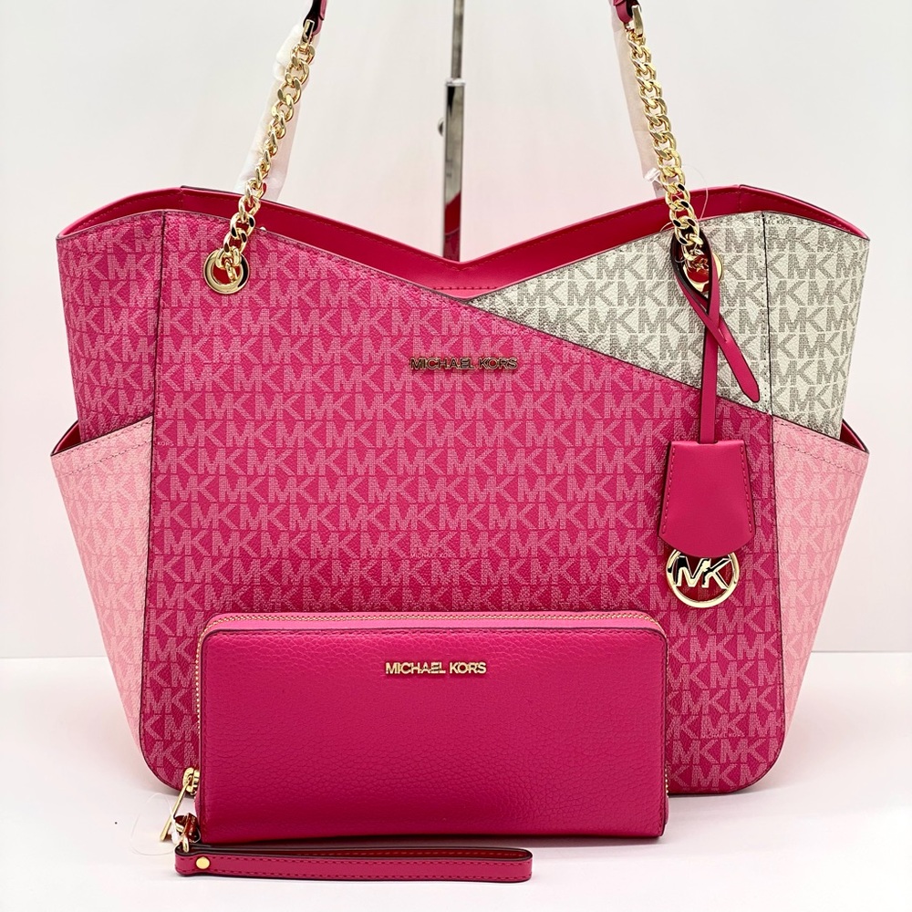 Michael Kors Jet Set Large Logo
Shoulder Bag Chain Tote And Wallet Set Pink - Picture 10 of 16